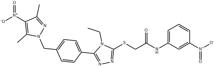 2-[[5-[4-[(3,5-dimethyl-4-nitropyrazol-1-yl)methyl]phenyl]-4-ethyl-1,2,4-triazol-3-yl]sulfanyl]-N-(3-nitrophenyl)acetamide Struktur