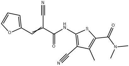 4-cyano-5-[[(E)-2-cyano-3-(furan-2-yl)prop-2-enoyl]amino]-N,N,3-trimethylthiophene-2-carboxamide Struktur