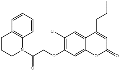 6-chloro-7-[2-(3,4-dihydro-2H-quinolin-1-yl)-2-oxoethoxy]-4-propylchromen-2-one Struktur