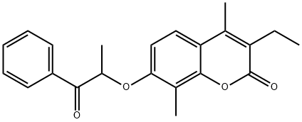 3-ethyl-4,8-dimethyl-7-(1-oxo-1-phenylpropan-2-yl)oxychromen-2-one Struktur