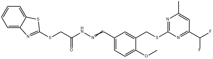 2-(1,3-benzothiazol-2-ylsulfanyl)-N-[(E)-[3-[[4-(difluoromethyl)-6-methylpyrimidin-2-yl]sulfanylmethyl]-4-methoxyphenyl]methylideneamino]acetamide Struktur