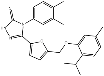 4-(3,4-dimethylphenyl)-3-[5-[(5-methyl-2-propan-2-ylphenoxy)methyl]furan-2-yl]-1H-1,2,4-triazole-5-thione Struktur