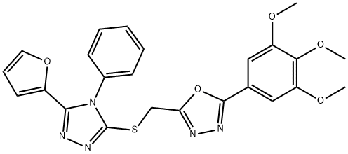 2-[[5-(furan-2-yl)-4-phenyl-1,2,4-triazol-3-yl]sulfanylmethyl]-5-(3,4,5-trimethoxyphenyl)-1,3,4-oxadiazole Struktur