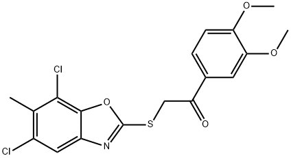 2-[(5,7-dichloro-6-methyl-1,3-benzoxazol-2-yl)sulfanyl]-1-(3,4-dimethoxyphenyl)ethanone Struktur