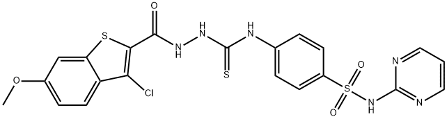 1-[(3-chloro-6-methoxy-1-benzothiophene-2-carbonyl)amino]-3-[4-(pyrimidin-2-ylsulfamoyl)phenyl]thiourea Struktur