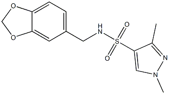 N-(1,3-benzodioxol-5-ylmethyl)-1,3-dimethylpyrazole-4-sulfonamide Struktur