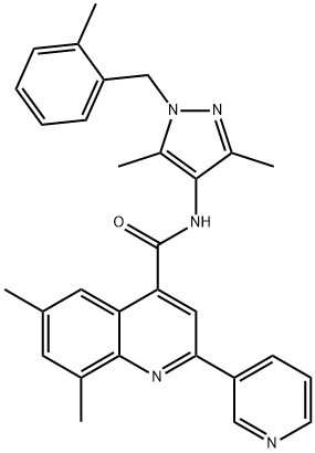 N-[3,5-dimethyl-1-[(2-methylphenyl)methyl]pyrazol-4-yl]-6,8-dimethyl-2-pyridin-3-ylquinoline-4-carboxamide Struktur