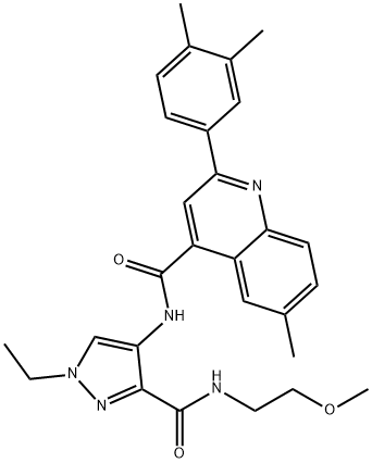 2-(3,4-dimethylphenyl)-N-[1-ethyl-3-(2-methoxyethylcarbamoyl)pyrazol-4-yl]-6-methylquinoline-4-carboxamide Struktur