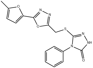 3-[[5-(5-methylfuran-2-yl)-1,3,4-oxadiazol-2-yl]methylsulfanyl]-4-phenyl-1H-1,2,4-triazol-5-one Struktur