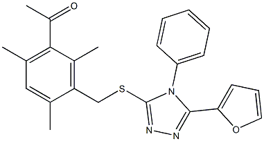 1-[3-[[5-(furan-2-yl)-4-phenyl-1,2,4-triazol-3-yl]sulfanylmethyl]-2,4,6-trimethylphenyl]ethanone Struktur