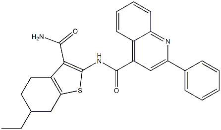 N-(3-carbamoyl-6-ethyl-4,5,6,7-tetrahydro-1-benzothiophen-2-yl)-2-phenylquinoline-4-carboxamide Struktur