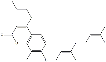 4-butyl-7-[(2E)-3,7-dimethylocta-2,6-dienoxy]-8-methylchromen-2-one Struktur