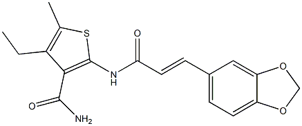 2-[[(E)-3-(1,3-benzodioxol-5-yl)prop-2-enoyl]amino]-4-ethyl-5-methylthiophene-3-carboxamide Struktur