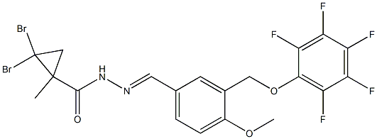 2,2-dibromo-N-[(E)-[4-methoxy-3-[(2,3,4,5,6-pentafluorophenoxy)methyl]phenyl]methylideneamino]-1-methylcyclopropane-1-carboxamide Struktur