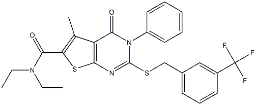 N,N-diethyl-5-methyl-4-oxo-3-phenyl-2-[[3-(trifluoromethyl)phenyl]methylsulfanyl]thieno[2,3-d]pyrimidine-6-carboxamide Struktur