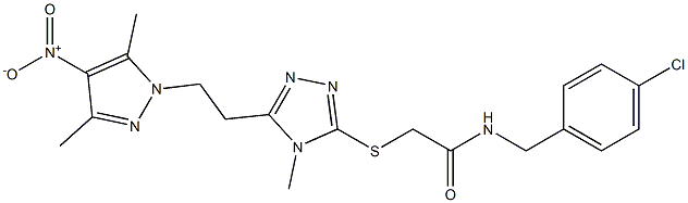 N-[(4-chlorophenyl)methyl]-2-[[5-[2-(3,5-dimethyl-4-nitropyrazol-1-yl)ethyl]-4-methyl-1,2,4-triazol-3-yl]sulfanyl]acetamide Struktur