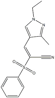 (E)-2-(benzenesulfonyl)-3-(1-ethyl-3-methylpyrazol-4-yl)prop-2-enenitrile Struktur