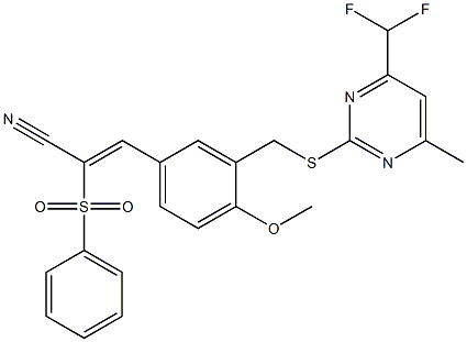 (Z)-2-(benzenesulfonyl)-3-[3-[[4-(difluoromethyl)-6-methylpyrimidin-2-yl]sulfanylmethyl]-4-methoxyphenyl]prop-2-enenitrile Struktur