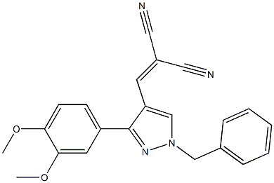 2-[[1-benzyl-3-(3,4-dimethoxyphenyl)pyrazol-4-yl]methylidene]propanedinitrile Struktur