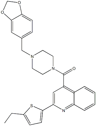 [4-(1,3-benzodioxol-5-ylmethyl)piperazin-1-yl]-[2-(5-ethylthiophen-2-yl)quinolin-4-yl]methanone Struktur