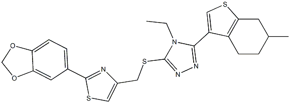 2-(1,3-benzodioxol-5-yl)-4-[[4-ethyl-5-(6-methyl-4,5,6,7-tetrahydro-1-benzothiophen-3-yl)-1,2,4-triazol-3-yl]sulfanylmethyl]-1,3-thiazole Struktur