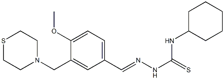 1-cyclohexyl-3-[(E)-[4-methoxy-3-(thiomorpholin-4-ylmethyl)phenyl]methylideneamino]thiourea Struktur