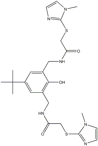 N-[[5-tert-butyl-2-hydroxy-3-[[[2-(1-methylimidazol-2-yl)sulfanylacetyl]amino]methyl]phenyl]methyl]-2-(1-methylimidazol-2-yl)sulfanylacetamide Struktur