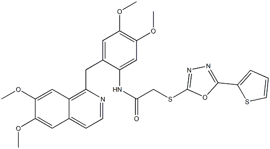 N-[2-[(6,7-dimethoxyisoquinolin-1-yl)methyl]-4,5-dimethoxyphenyl]-2-[(5-thiophen-2-yl-1,3,4-oxadiazol-2-yl)sulfanyl]acetamide Struktur