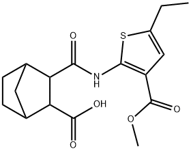 2-[(5-ethyl-3-methoxycarbonylthiophen-2-yl)carbamoyl]bicyclo[2.2.1]heptane-3-carboxylic acid Struktur