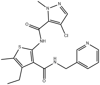 4-chloro-N-[4-ethyl-5-methyl-3-(pyridin-3-ylmethylcarbamoyl)thiophen-2-yl]-2-methylpyrazole-3-carboxamide Struktur