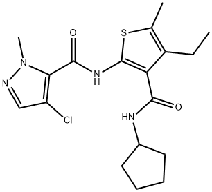 4-chloro-N-[3-(cyclopentylcarbamoyl)-4-ethyl-5-methylthiophen-2-yl]-2-methylpyrazole-3-carboxamide Struktur