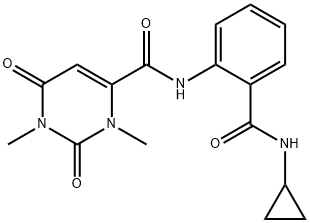 N-[2-(cyclopropylcarbamoyl)phenyl]-1,3-dimethyl-2,6-dioxopyrimidine-4-carboxamide Struktur