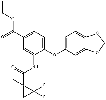 ethyl 4-(1,3-benzodioxol-5-yloxy)-3-[(2,2-dichloro-1-methylcyclopropanecarbonyl)amino]benzoate Struktur