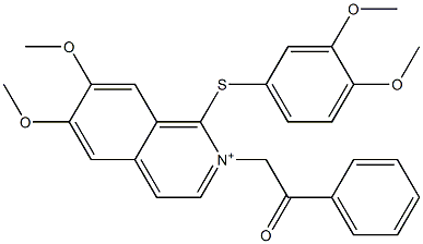 2-[1-(3,4-dimethoxyphenyl)sulfanyl-6,7-dimethoxyisoquinolin-2-ium-2-yl]-1-phenylethanone Struktur