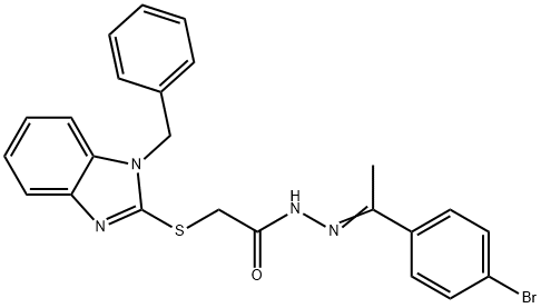 2-(1-benzylbenzimidazol-2-yl)sulfanyl-N-[(E)-1-(4-bromophenyl)ethylideneamino]acetamide Struktur