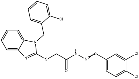 2-[1-[(2-chlorophenyl)methyl]benzimidazol-2-yl]sulfanyl-N-[(E)-(3,4-dichlorophenyl)methylideneamino]acetamide Struktur