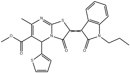 methyl (2Z)-7-methyl-3-oxo-2-(2-oxo-1-propylindol-3-ylidene)-5-thiophen-2-yl-5H-[1,3]thiazolo[3,2-a]pyrimidine-6-carboxylate Struktur