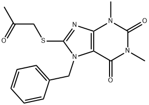 7-benzyl-1,3-dimethyl-8-(2-oxopropylsulfanyl)purine-2,6-dione Struktur