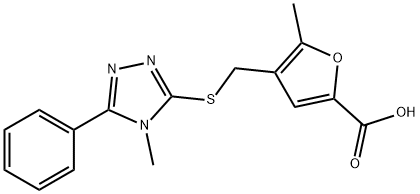 5-methyl-4-[(4-methyl-5-phenyl-1,2,4-triazol-3-yl)sulfanylmethyl]furan-2-carboxylic acid Struktur