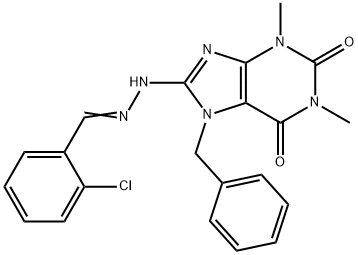 7-benzyl-8-[(2E)-2-[(2-chlorophenyl)methylidene]hydrazinyl]-1,3-dimethylpurine-2,6-dione Struktur