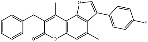 8-benzyl-3-(4-fluorophenyl)-4,9-dimethylfuro[2,3-f]chromen-7-one Struktur