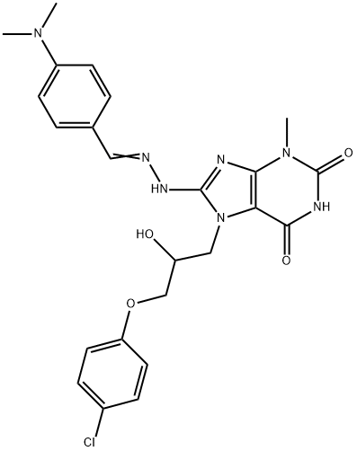 7-[3-(4-chlorophenoxy)-2-hydroxypropyl]-8-[(2E)-2-[[4-(dimethylamino)phenyl]methylidene]hydrazinyl]-3-methylpurine-2,6-dione Struktur