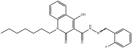 N-[(E)-(2-fluorophenyl)methylideneamino]-1-heptyl-4-hydroxy-2-oxoquinoline-3-carboxamide Struktur