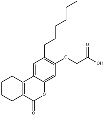 2-[(2-hexyl-6-oxo-7,8,9,10-tetrahydrobenzo[c]chromen-3-yl)oxy]acetic acid Struktur