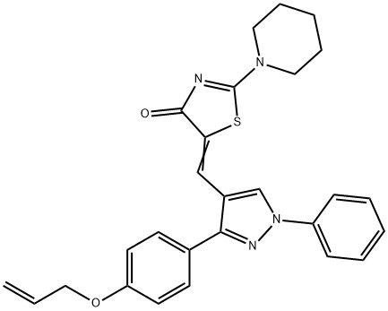 (5E)-5-[[1-phenyl-3-(4-prop-2-enoxyphenyl)pyrazol-4-yl]methylidene]-2-piperidin-1-yl-1,3-thiazol-4-one Struktur