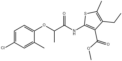 methyl 2-[2-(4-chloro-2-methylphenoxy)propanoylamino]-4-ethyl-5-methylthiophene-3-carboxylate Struktur