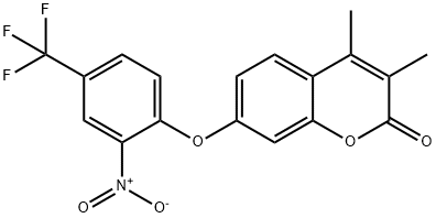 3,4-dimethyl-7-[2-nitro-4-(trifluoromethyl)phenoxy]chromen-2-one Struktur