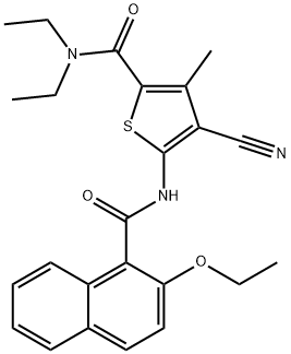 4-cyano-5-[(2-ethoxynaphthalene-1-carbonyl)amino]-N,N-diethyl-3-methylthiophene-2-carboxamide Struktur