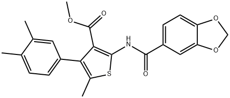 methyl 2-(1,3-benzodioxole-5-carbonylamino)-4-(3,4-dimethylphenyl)-5-methylthiophene-3-carboxylate Struktur