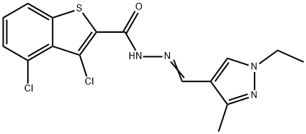 3,4-dichloro-N-[(E)-(1-ethyl-3-methylpyrazol-4-yl)methylideneamino]-1-benzothiophene-2-carboxamide Struktur